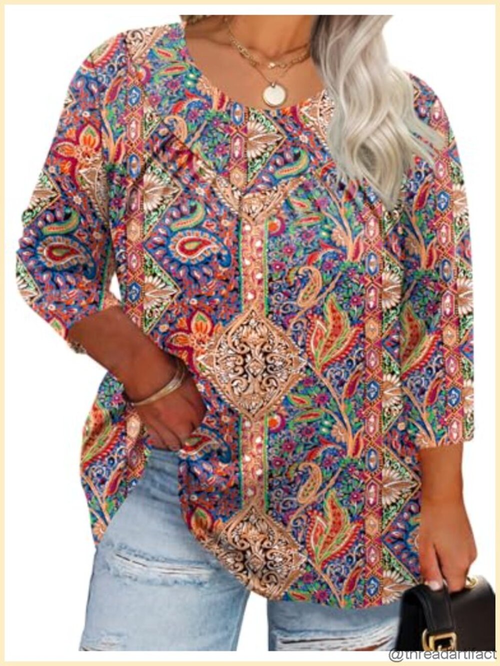 Plus Size 3/4 Sleeve Tunic Top Crew Neck Loose Blouse